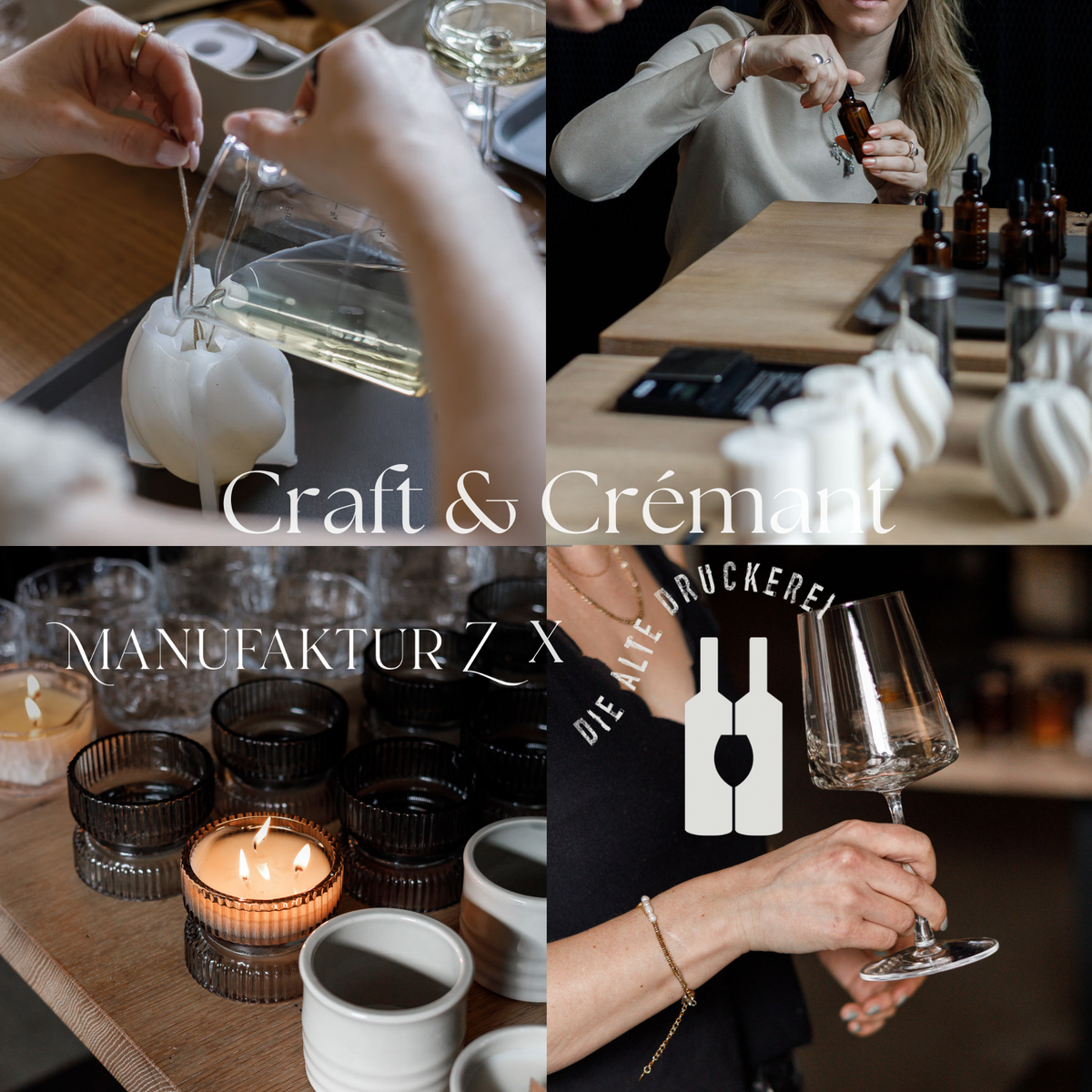Ästhetischer Kerzenworkshop mit dänisch inspirierten Duftkerzen, Cremant und Snacks in der Alten Druckerei.